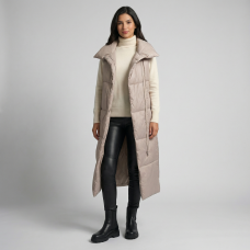  Жилет женский утепленный длинный с воротником стойкой, цвет-бежевый