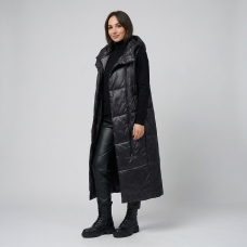  Жилет женский утепленный длинный с воротником стойкой, цвет-черный