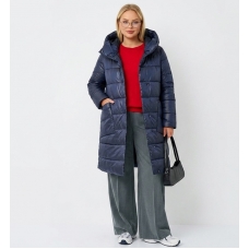 Пальто зимнее с объёмным капюшоном и с накладными карманами, цвет-синий